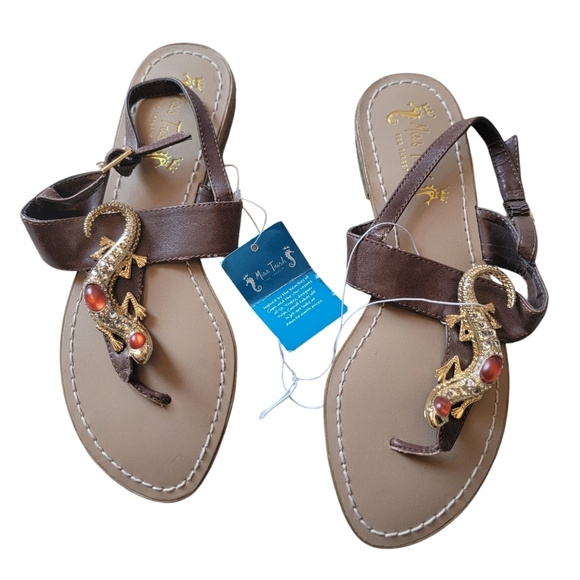 NWT Miss Trish Brown Lizard Flat Sandals 7½ Women's Lightweight Summer Beach - Picture 1 of 13